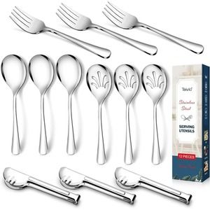 Set of 12, Stainless Steel Serving Utensils Forks Slotted Spoons Tongs Catering